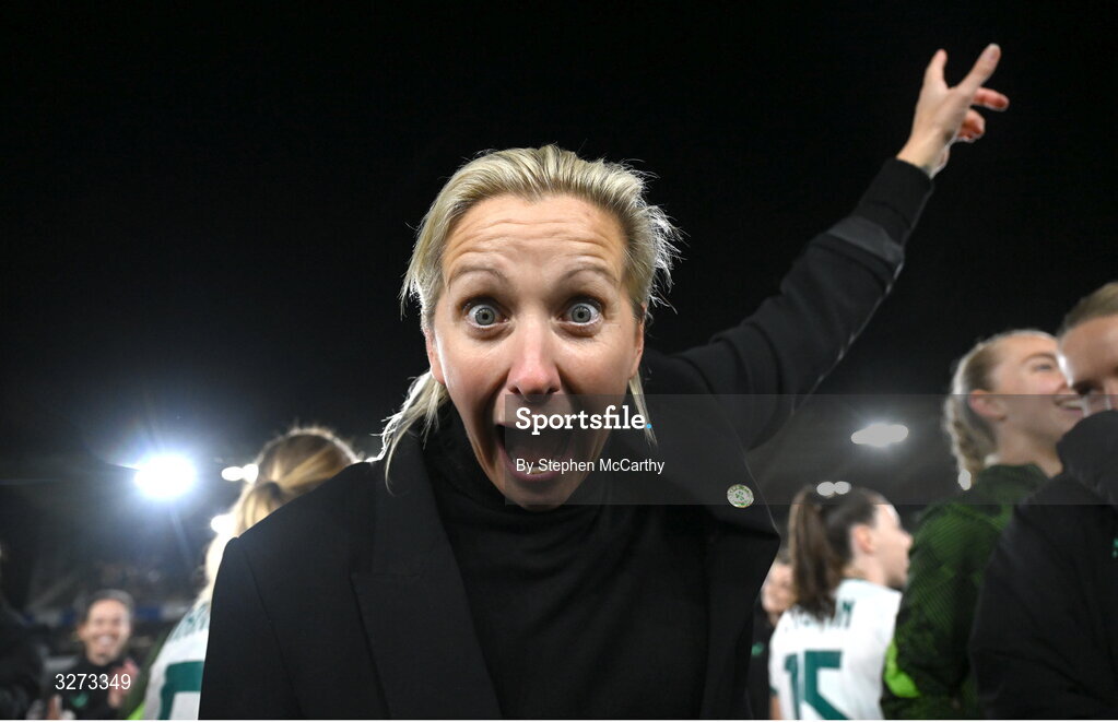 28 October 2025; Republic of Ireland head coach Carla Ward celebrates after the UEFA Women's Nations League A/B promotion/relegation play-off second leg match between Belgium and Republic of Ireland at The King Power At Den Dreef Stadium in Leuven, Belgium. Photo by Stephen McCarthy/Sportsfile
