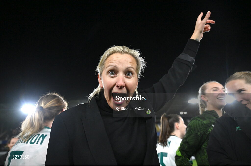 28 October 2025; Republic of Ireland head coach Carla Ward celebrates after the UEFA Women's Nations League A/B promotion/relegation play-off second leg match between Belgium and Republic of Ireland at The King Power At Den Dreef Stadium in Leuven, Belgium. Photo by Stephen McCarthy/Sportsfile