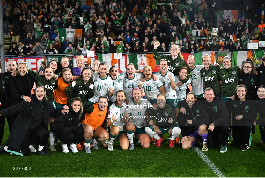 28 October 2025; Republic of Ireland players celebrate after the UEFA Women's Nations League A/B promotion/relegation play-off second leg match between Belgium and Republic of Ireland at The King Power At Den Dreef Stadium in Leuven, Belgium. Photo by Stephen McCarthy/Sportsfile