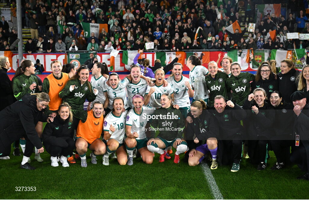 28 October 2025; Republic of Ireland players celebrate after the UEFA Women's Nations League A/B promotion/relegation play-off second leg match between Belgium and Republic of Ireland at The King Power At Den Dreef Stadium in Leuven, Belgium. Photo by Stephen McCarthy/Sportsfile