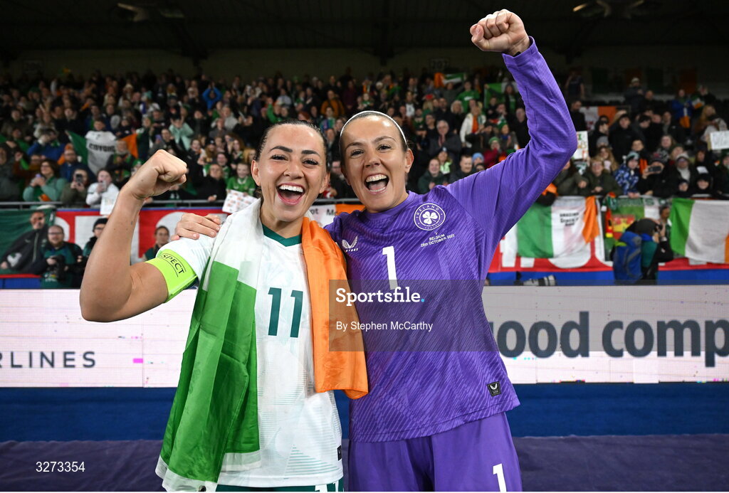 28 October 2025; Katie McCabe, left, and Republic of Ireland goalkeeper Grace Moloney after the UEFA Women's Nations League A/B promotion/relegation play-off second leg match between Belgium and Republic of Ireland at The King Power At Den Dreef Stadium in Leuven, Belgium. Photo by Stephen McCarthy/Sportsfile