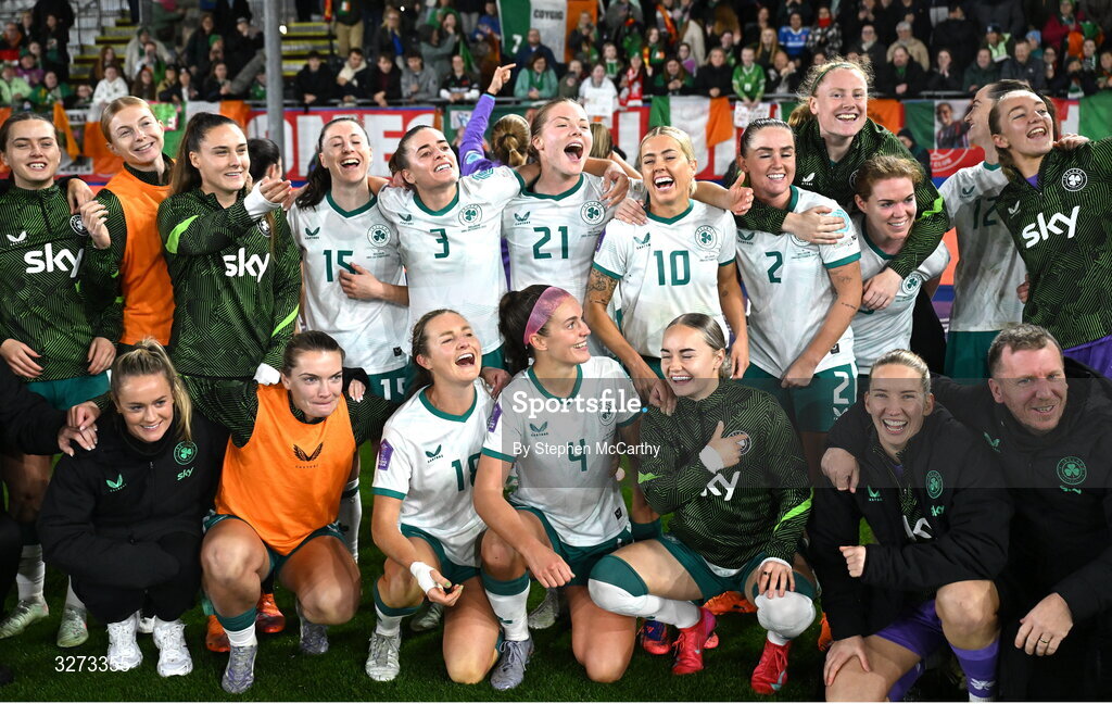 28 October 2025; Republic of Ireland players celebrate after the UEFA Women's Nations League A/B promotion/relegation play-off second leg match between Belgium and Republic of Ireland at The King Power At Den Dreef Stadium in Leuven, Belgium. Photo by Stephen McCarthy/Sportsfile