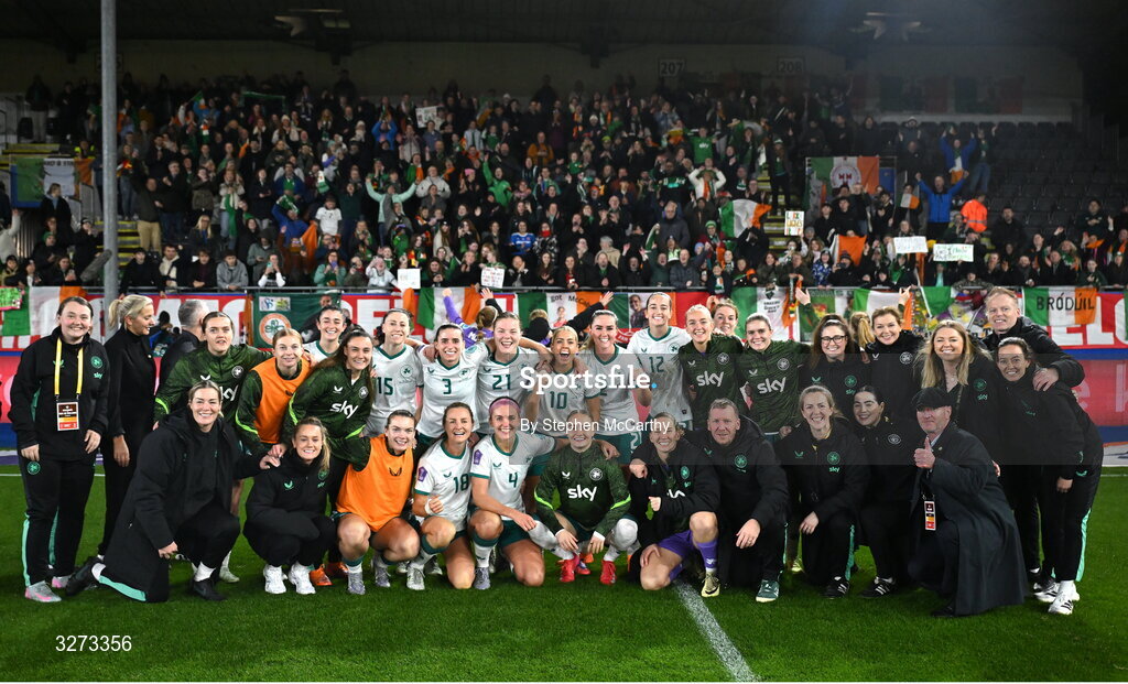 28 October 2025; Republic of Ireland players celebrate after the UEFA Women's Nations League A/B promotion/relegation play-off second leg match between Belgium and Republic of Ireland at The King Power At Den Dreef Stadium in Leuven, Belgium. Photo by Stephen McCarthy/Sportsfile
