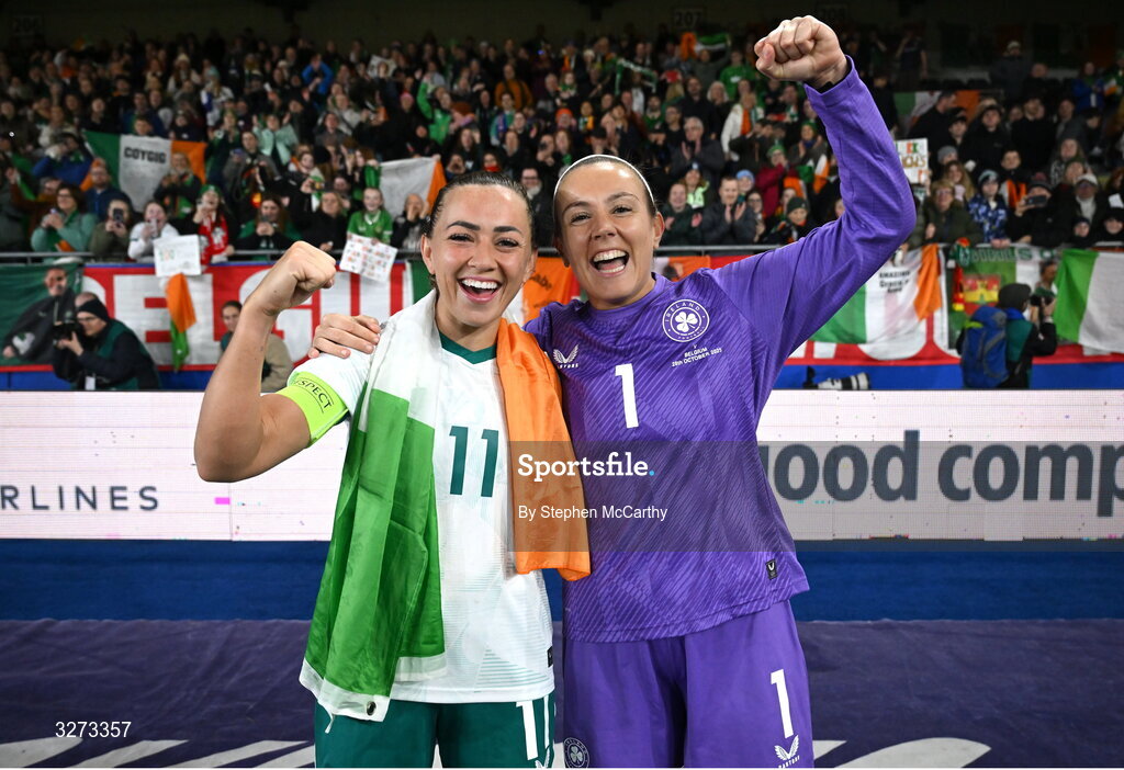 28 October 2025; Katie McCabe, left, and Republic of Ireland goalkeeper Grace Moloney after the UEFA Women's Nations League A/B promotion/relegation play-off second leg match between Belgium and Republic of Ireland at The King Power At Den Dreef Stadium in Leuven, Belgium. Photo by Stephen McCarthy/Sportsfile