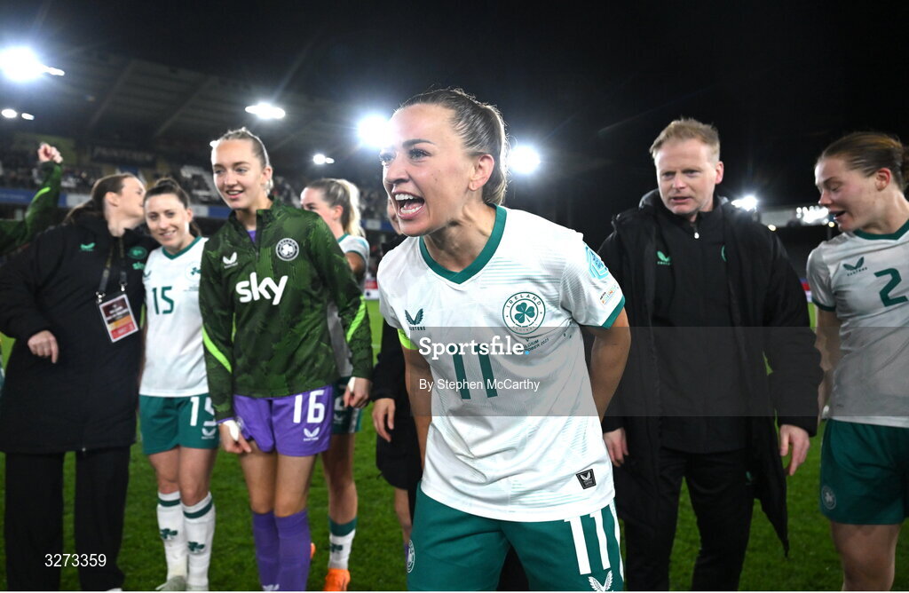 28 October 2025; Katie McCabe of Republic of Ireland leads the huddle after the UEFA Women's Nations League A/B promotion/relegation play-off second leg match between Belgium and Republic of Ireland at The King Power At Den Dreef Stadium in Leuven, Belgium. Photo by Stephen McCarthy/Sportsfile