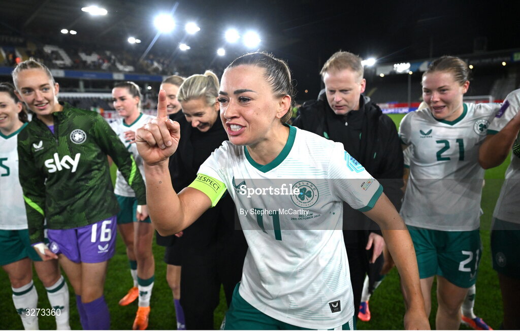 28 October 2025; Katie McCabe of Republic of Ireland leads the huddle after the UEFA Women's Nations League A/B promotion/relegation play-off second leg match between Belgium and Republic of Ireland at The King Power At Den Dreef Stadium in Leuven, Belgium. Photo by Stephen McCarthy/Sportsfile