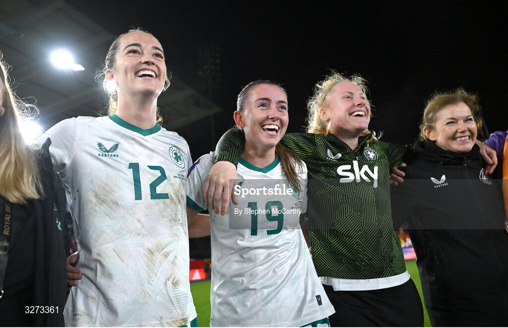 28 October 2025; Republic of Ireland players, from left, Anna Patten, Abbie Larkin, Amber Barrett and Republic of Ireland team doctor Siobhan Forman after the UEFA Women's Nations League A/B promotion/relegation play-off second leg match between Belgium and Republic of Ireland at The King Power At Den Dreef Stadium in Leuven, Belgium. Photo by Stephen McCarthy/Sportsfile