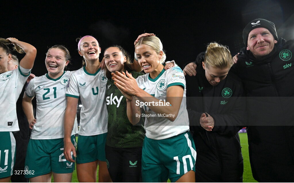 28 October 2025; Denise O’Sullivan of Republic of Ireland in the huddle after the UEFA Women's Nations League A/B promotion/relegation play-off second leg match between Belgium and Republic of Ireland at The King Power At Den Dreef Stadium in Leuven, Belgium. Photo by Stephen McCarthy/Sportsfile