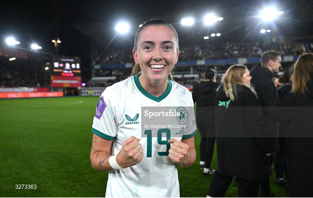 28 October 2025; Abbie Larkin of Republic of Ireland after the UEFA Women's Nations League A/B promotion/relegation play-off second leg match between Belgium and Republic of Ireland at The King Power At Den Dreef Stadium in Leuven, Belgium. Photo by Stephen McCarthy/Sportsfile
