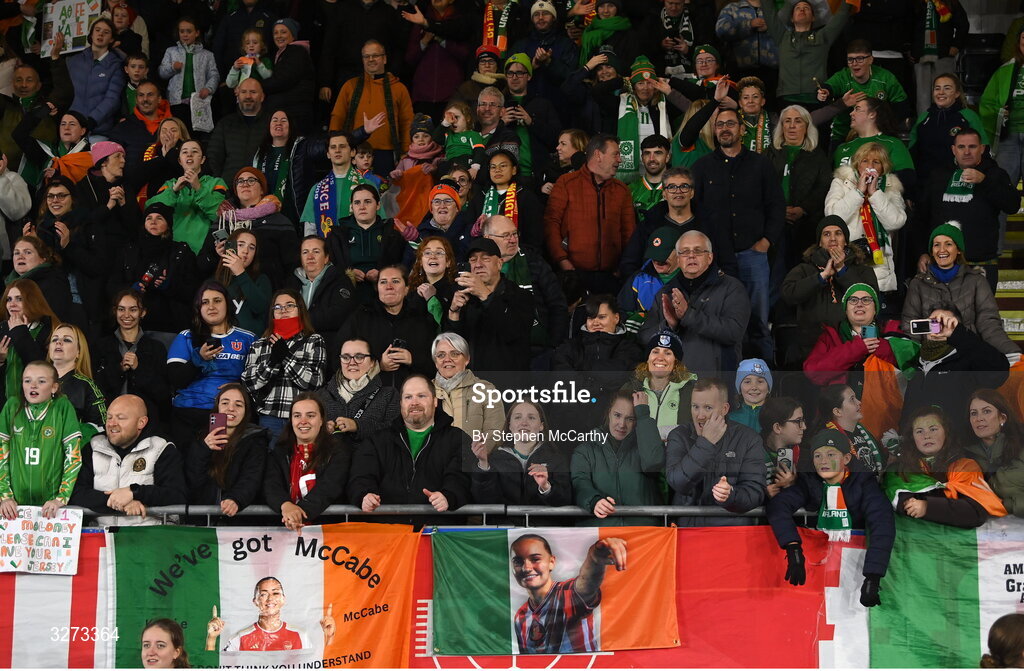 28 October 2025; Republic of Ireland supporters during the UEFA Women's Nations League A/B promotion/relegation play-off second leg match between Belgium and Republic of Ireland at The King Power At Den Dreef Stadium in Leuven, Belgium. Photo by Stephen McCarthy/Sportsfile
