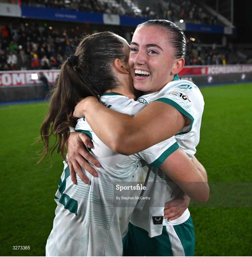 28 October 2025; Abbie Larkin, right, and Anna Patten of Republic of Ireland after the UEFA Women's Nations League A/B promotion/relegation play-off second leg match between Belgium and Republic of Ireland at The King Power At Den Dreef Stadium in Leuven, Belgium. Photo by Stephen McCarthy/Sportsfile