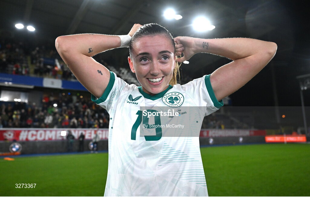 28 October 2025; Abbie Larkin of Republic of Ireland celebrates after the UEFA Women's Nations League A/B promotion/relegation play-off second leg match between Belgium and Republic of Ireland at The King Power At Den Dreef Stadium in Leuven, Belgium. Photo by Stephen McCarthy/Sportsfile