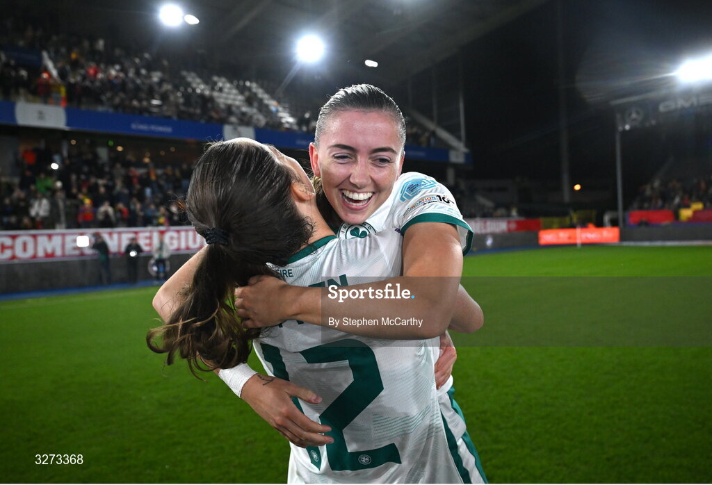 28 October 2025; Abbie Larkin, right, and Anna Patten of Republic of Ireland after the UEFA Women's Nations League A/B promotion/relegation play-off second leg match between Belgium and Republic of Ireland at The King Power At Den Dreef Stadium in Leuven, Belgium. Photo by Stephen McCarthy/Sportsfile