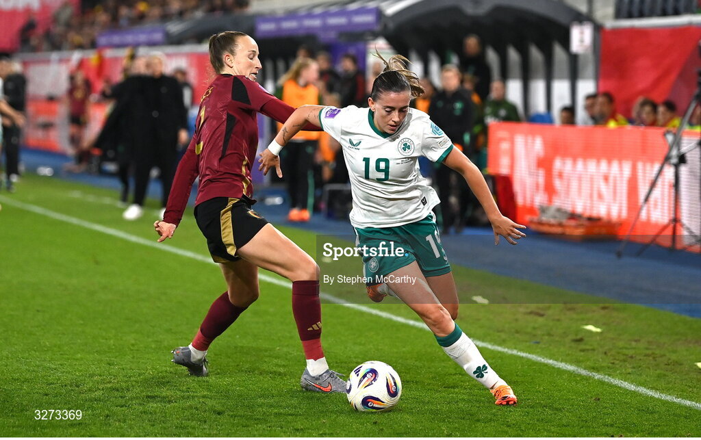 28 October 2025; Abbie Larkin of Republic of Ireland in action against Sari Kees of Belgium during the UEFA Women's Nations League A/B promotion/relegation play-off second leg match between Belgium and Republic of Ireland at The King Power At Den Dreef Stadium in Leuven, Belgium. Photo by Stephen McCarthy/Sportsfile