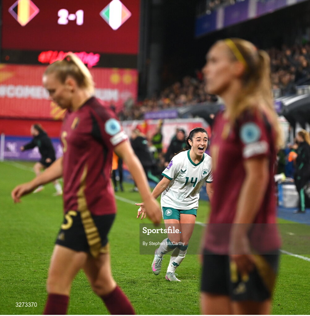 28 October 2025; Marissa Sheva of Republic of Ireland celebrates at the final whistle of the UEFA Women's Nations League A/B promotion/relegation play-off second leg match between Belgium and Republic of Ireland at The King Power At Den Dreef Stadium in Leuven, Belgium. Photo by Stephen McCarthy/Sportsfile