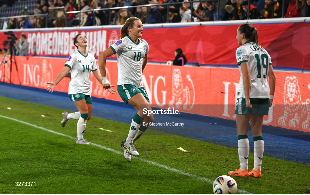 28 October 2025; Abbie Larkin of Republic of Ireland, right, celebrates with Kyra Carusa, centre, and Marissa Sheva at the final whistle of the UEFA Women's Nations League A/B promotion/relegation play-off second leg match between Belgium and Republic of Ireland at The King Power At Den Dreef Stadium in Leuven, Belgium. Photo by Stephen McCarthy/Sportsfile
