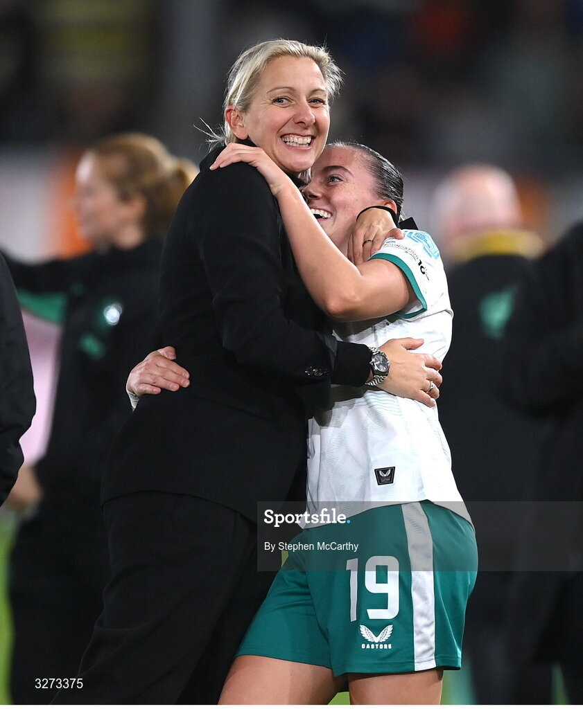 28 October 2025; Republic of Ireland head coach Carla Ward and Abbie Larkin of Republic of Ireland celebrate after the UEFA Women's Nations League A/B promotion/relegation play-off second leg match between Belgium and Republic of Ireland at The King Power At Den Dreef Stadium in Leuven, Belgium. Photo by Stephen McCarthy/Sportsfile