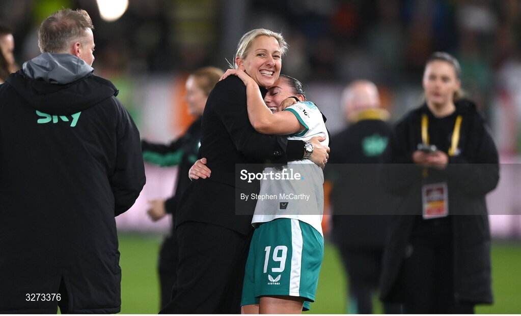 28 October 2025; Republic of Ireland head coach Carla Ward and Abbie Larkin of Republic of Ireland celebrate after the UEFA Women's Nations League A/B promotion/relegation play-off second leg match between Belgium and Republic of Ireland at The King Power At Den Dreef Stadium in Leuven, Belgium. Photo by Stephen McCarthy/Sportsfile