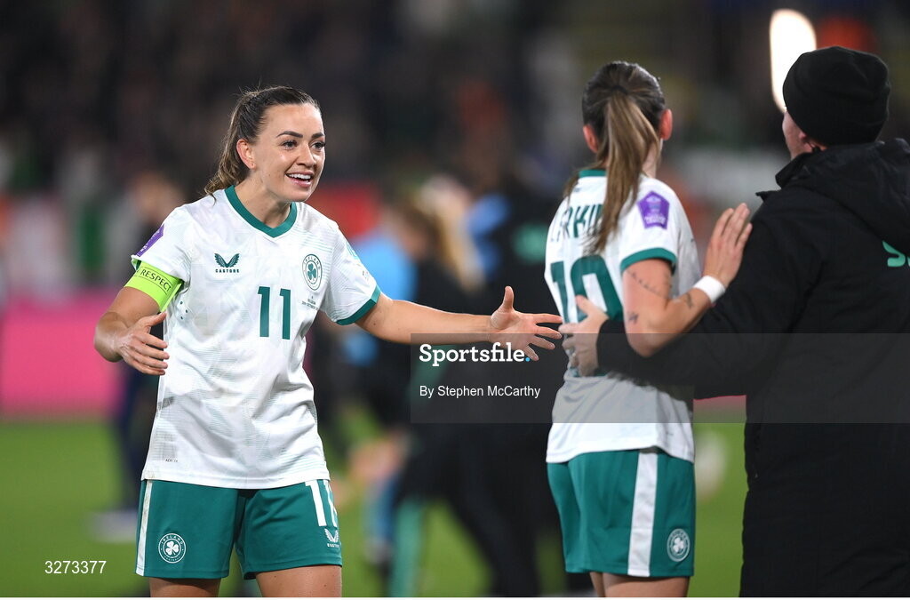 28 October 2025; Katie McCabe, left, and Abbie Larkin of Republic of Ireland celebrate after the UEFA Women's Nations League A/B promotion/relegation play-off second leg match between Belgium and Republic of Ireland at The King Power At Den Dreef Stadium in Leuven, Belgium. Photo by Stephen McCarthy/Sportsfile