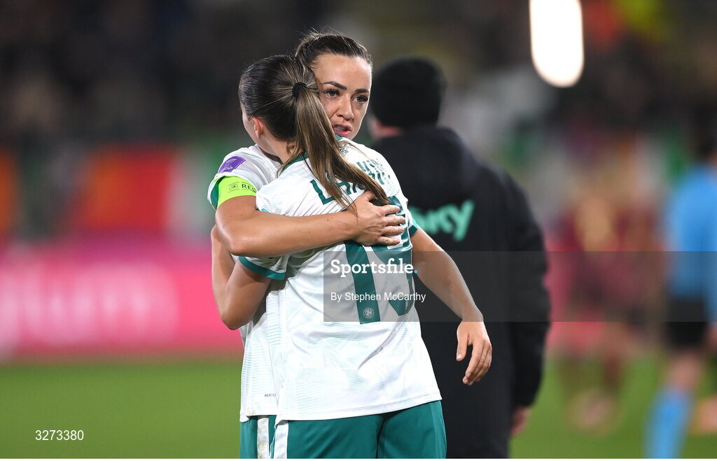 28 October 2025; Katie McCabe, left, and Abbie Larkin of Republic of Ireland celebrate after the UEFA Women's Nations League A/B promotion/relegation play-off second leg match between Belgium and Republic of Ireland at The King Power At Den Dreef Stadium in Leuven, Belgium. Photo by Stephen McCarthy/Sportsfile