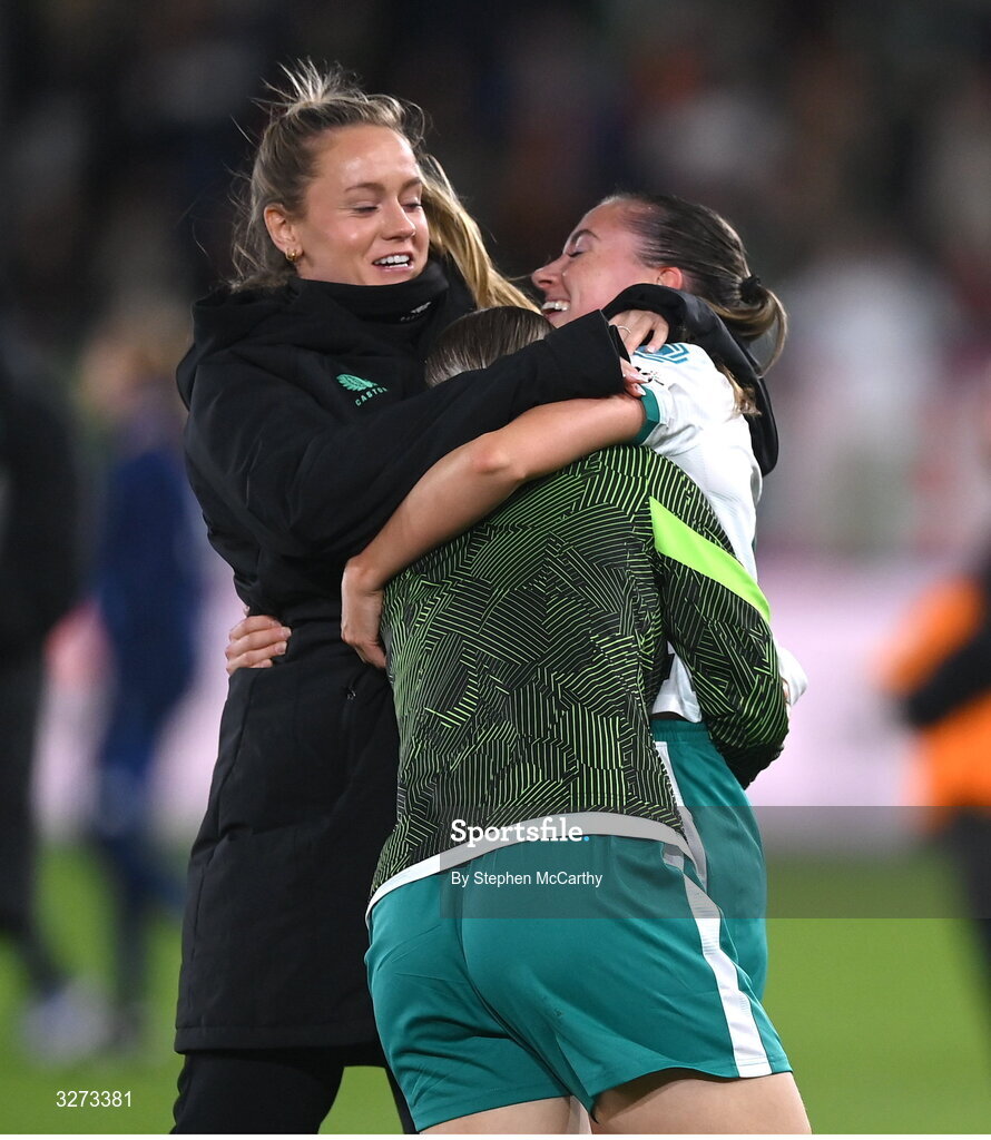 28 October 2025; Abbie Larkin of Republic of Ireland celebrates with Heather Payne, left, and Izzy Atkinson after the UEFA Women's Nations League A/B promotion/relegation play-off second leg match between Belgium and Republic of Ireland at The King Power At Den Dreef Stadium in Leuven, Belgium. Photo by Stephen McCarthy/Sportsfile