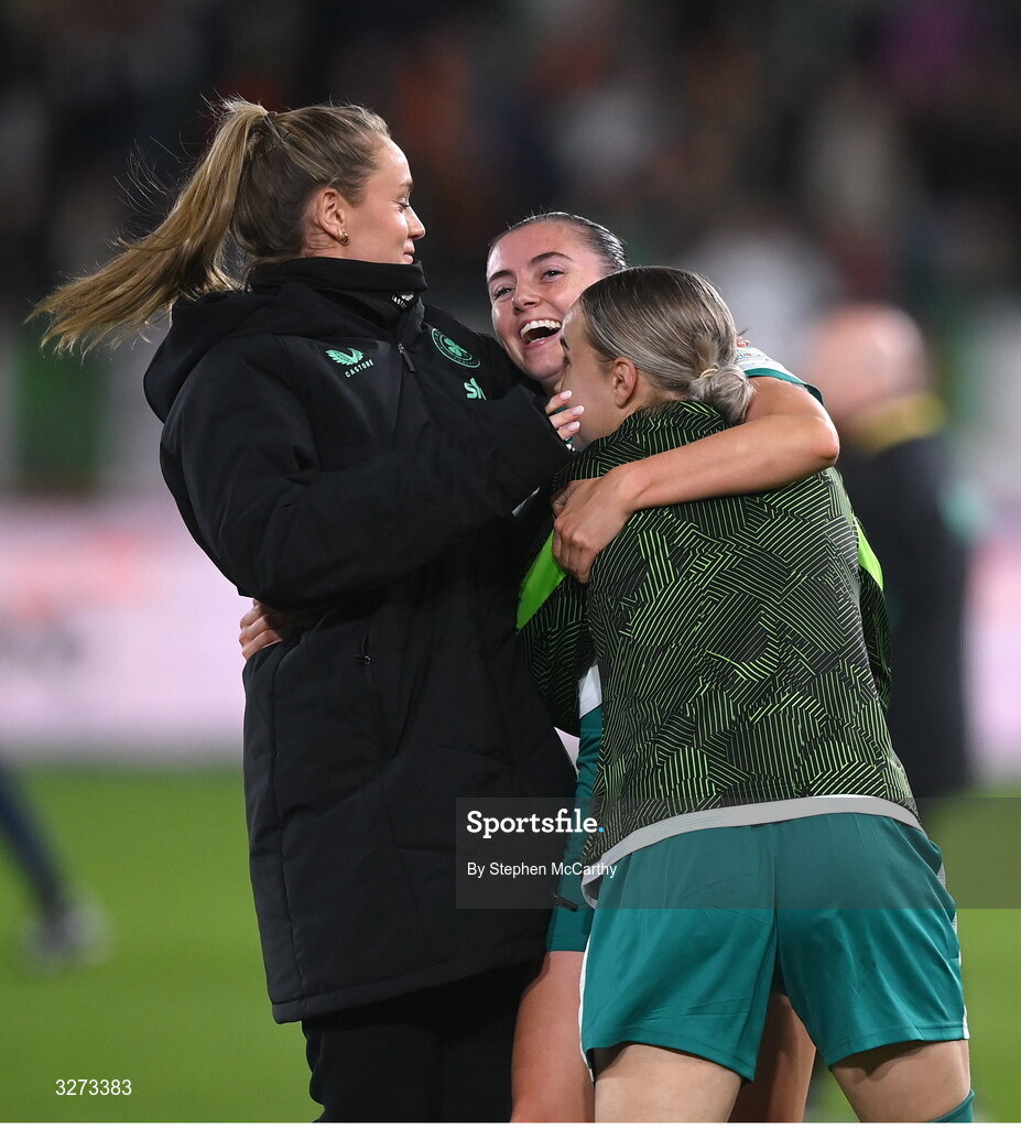 28 October 2025; Abbie Larkin of Republic of Ireland celebrates with Heather Payne, left, and Izzy Atkinson after the UEFA Women's Nations League A/B promotion/relegation play-off second leg match between Belgium and Republic of Ireland at The King Power At Den Dreef Stadium in Leuven, Belgium. Photo by Stephen McCarthy/Sportsfile