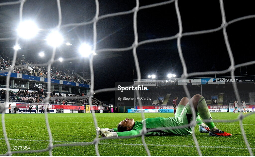 28 October 2025; Belgium goalkeeper Nicky Evrard reacts at the final whistle of the UEFA Women's Nations League A/B promotion/relegation play-off second leg match between Belgium and Republic of Ireland at The King Power At Den Dreef Stadium in Leuven, Belgium. Photo by Stephen McCarthy/Sportsfile