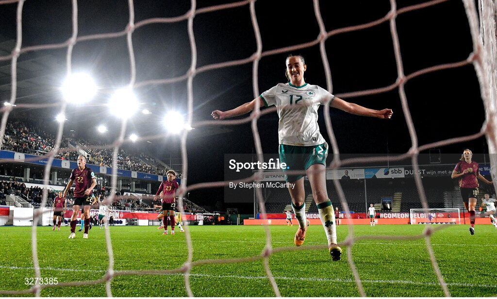 28 October 2025; Anna Patten of Republic of Ireland celebrates after her side's first goal, scored by Abbie Larkin, not pictured, the UEFA Women's Nations League A/B promotion/relegation play-off second leg match between Belgium and Republic of Ireland at The King Power At Den Dreef Stadium in Leuven, Belgium. Photo by Stephen McCarthy/Sportsfile