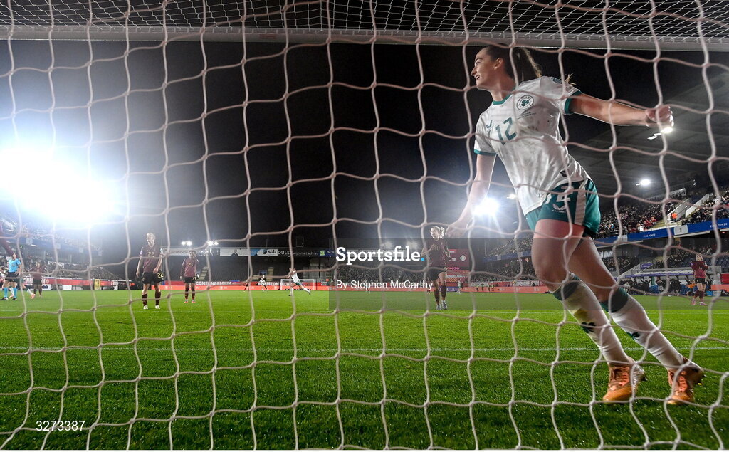 28 October 2025; Anna Patten of Republic of Ireland celebrates after her side's first goal, scored by Abbie Larkin, not pictured, the UEFA Women's Nations League A/B promotion/relegation play-off second leg match between Belgium and Republic of Ireland at The King Power At Den Dreef Stadium in Leuven, Belgium. Photo by Stephen McCarthy/Sportsfile