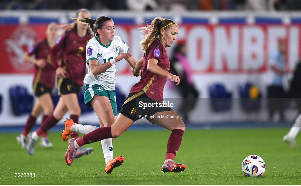 28 October 2025; Janice Cayman of Belgium in action against Abbie Larkin of Republic of Ireland during the UEFA Women's Nations League A/B promotion/relegation play-off second leg match between Belgium and Republic of Ireland at The King Power At Den Dreef Stadium in Leuven, Belgium. Photo by Stephen McCarthy/Sportsfile