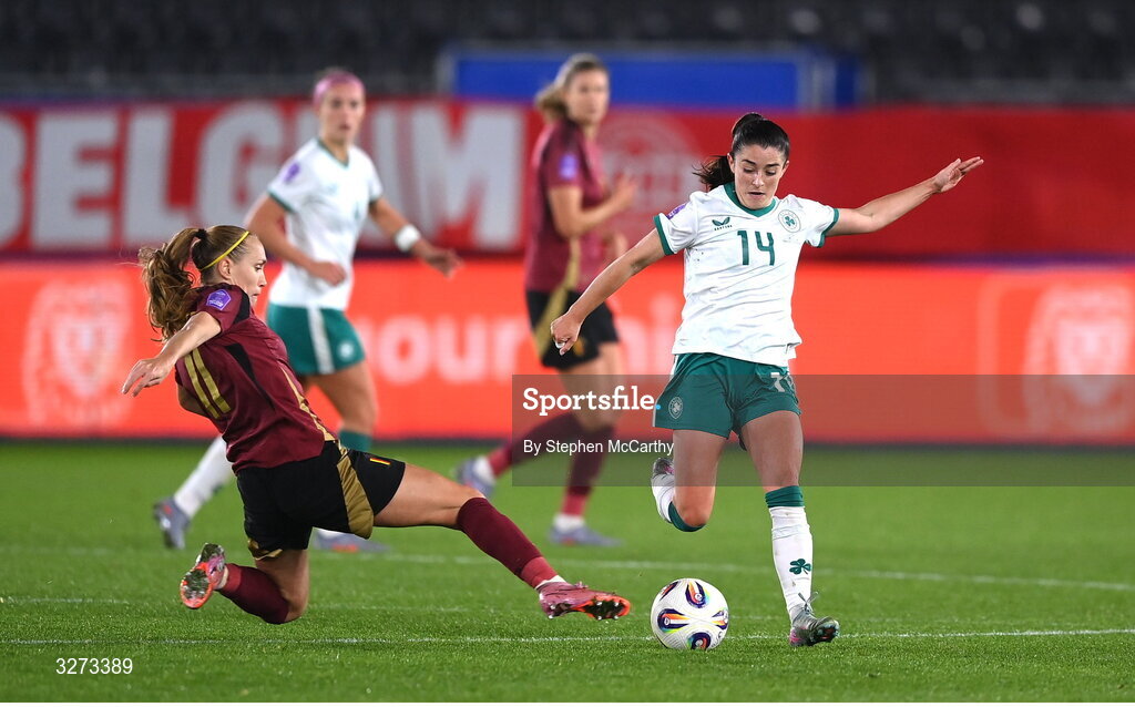 28 October 2025; Marissa Sheva of Republic of Ireland in action against Janice Cayman of Belgium during the UEFA Women's Nations League A/B promotion/relegation play-off second leg match between Belgium and Republic of Ireland at The King Power At Den Dreef Stadium in Leuven, Belgium. Photo by Stephen McCarthy/Sportsfile