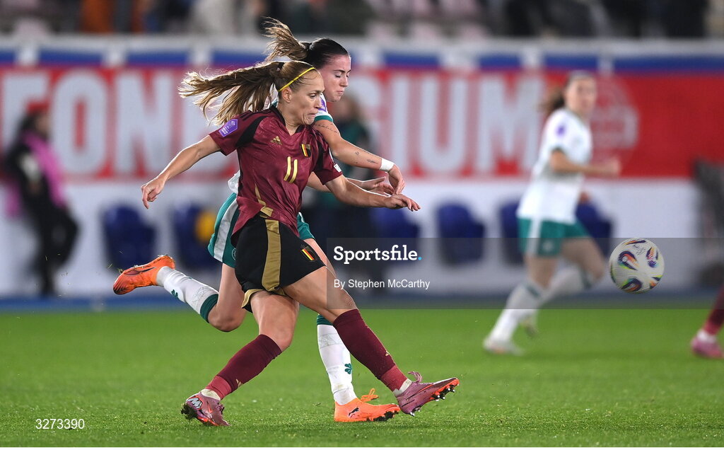 28 October 2025; Janice Cayman of Belgium in action against Abbie Larkin of Republic of Ireland during the UEFA Women's Nations League A/B promotion/relegation play-off second leg match between Belgium and Republic of Ireland at The King Power At Den Dreef Stadium in Leuven, Belgium. Photo by Stephen McCarthy/Sportsfile