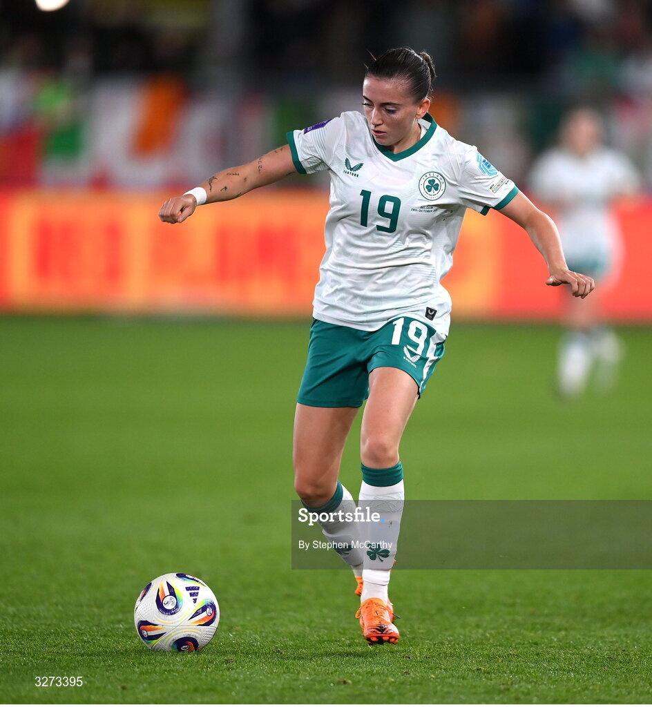 28 October 2025; Abbie Larkin of Republic of Ireland during the UEFA Women's Nations League A/B promotion/relegation play-off second leg match between Belgium and Republic of Ireland at The King Power At Den Dreef Stadium in Leuven, Belgium. Photo by Stephen McCarthy/Sportsfile