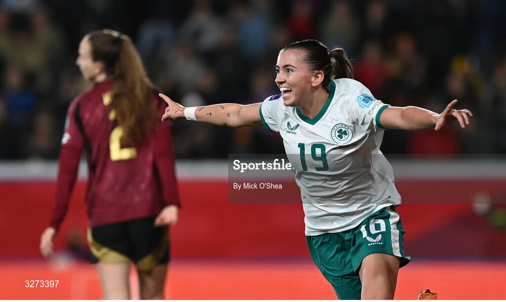 28 October 2025; Abbie Larkin of Republic of Ireland celebrates after scoring her side's first goal the UEFA Women's Nations League A/B promotion/relegation play-off second leg match between Belgium and Republic of Ireland at The King Power At Den Dreef Stadium in Leuven, Belgium. Photo by Mick O'Shea/Sportsfile