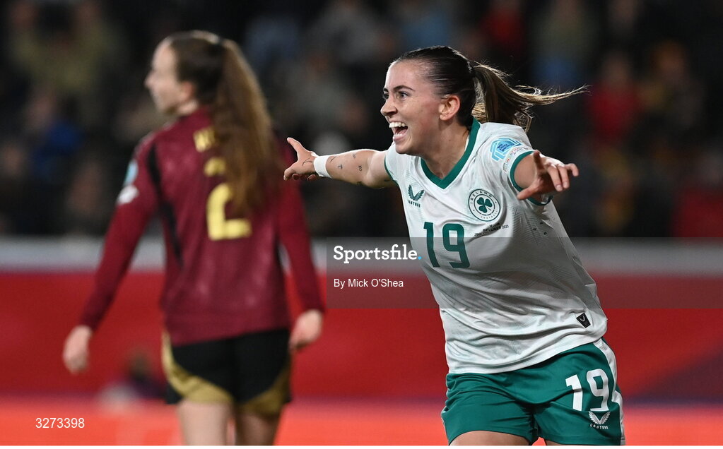 28 October 2025; Abbie Larkin of Republic of Ireland celebrates after scoring her side's first goal the UEFA Women's Nations League A/B promotion/relegation play-off second leg match between Belgium and Republic of Ireland at The King Power At Den Dreef Stadium in Leuven, Belgium. Photo by Mick O'Shea/Sportsfile