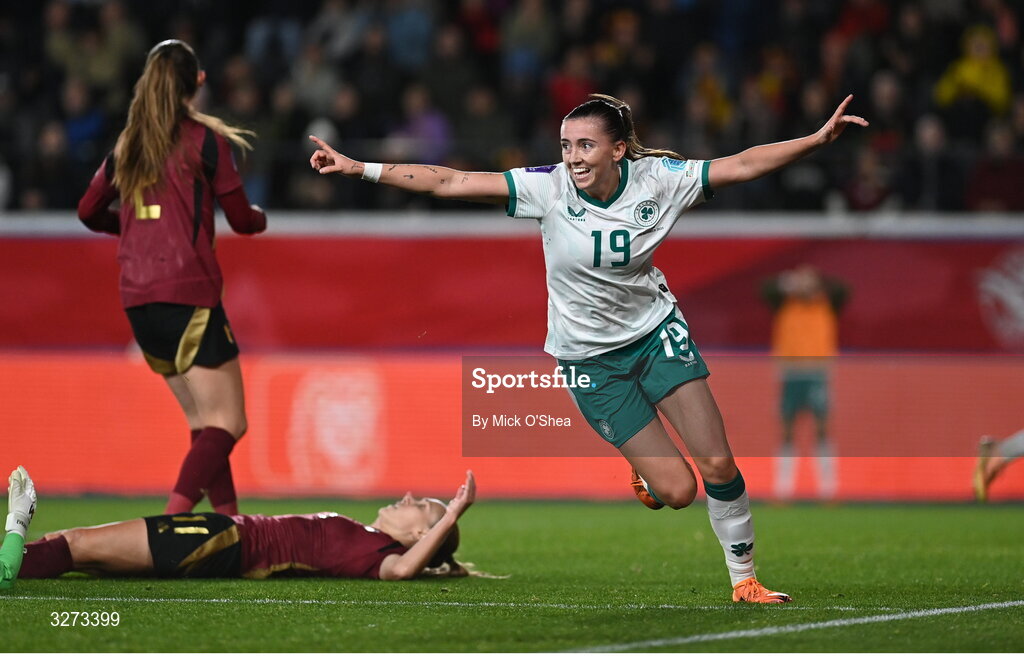 28 October 2025; Abbie Larkin of Republic of Ireland celebrates after scoring her side's first goal the UEFA Women's Nations League A/B promotion/relegation play-off second leg match between Belgium and Republic of Ireland at The King Power At Den Dreef Stadium in Leuven, Belgium. Photo by Mick O'Shea/Sportsfile