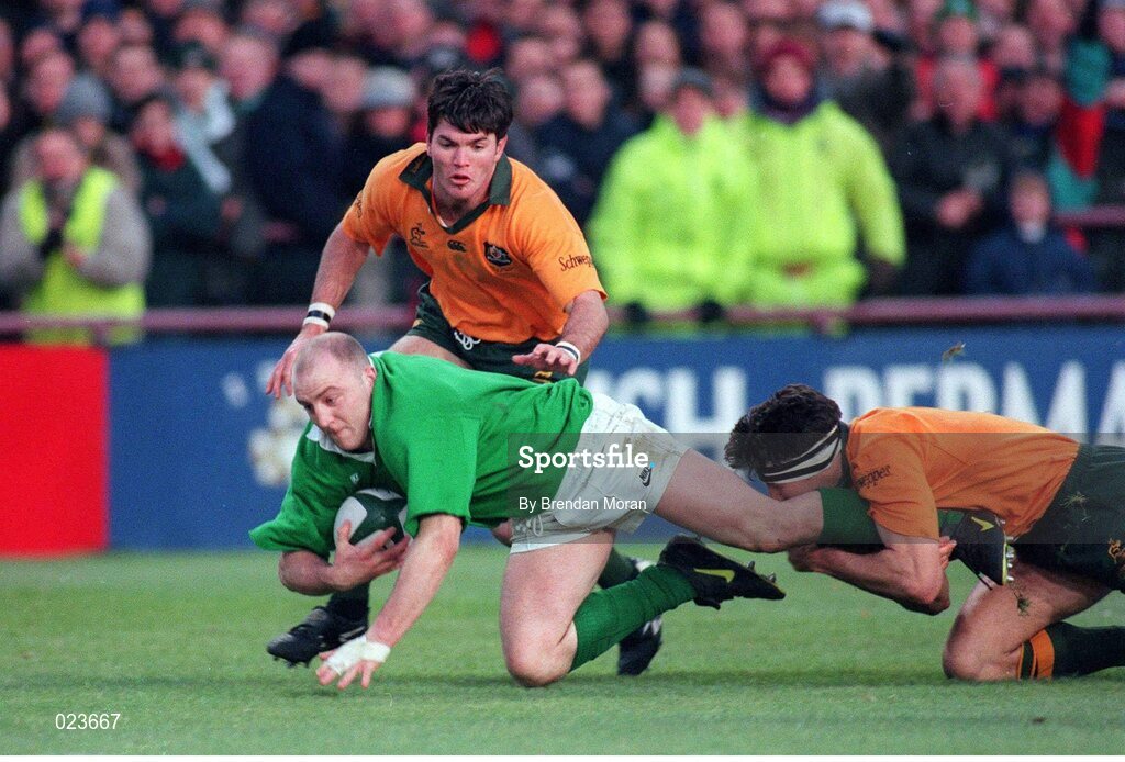 23 November 1996; Keith Wood, Ireland, is tackled by Michael Brial, left, and John Eales, Australia. International Friendly, Ireland v Australia, Lansdowne Road, Dublin. Picture credit: Brendan Moran / SPORTSFILE