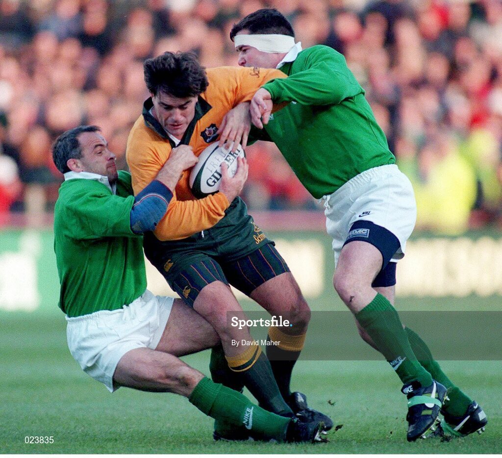 23 November 1996; Michael Brial, Australia, is tackled by Denis McBride, left, and Anthony Foley, Ireland. International Friendly, Ireland v Australia, Lansdowne Road, Dublin. Picture credit: David Maher / SPORTSFILE