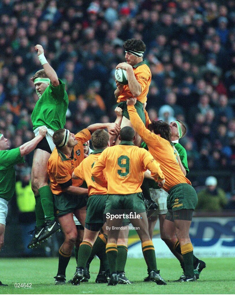 23 November 1996; John Eales, Australia, wins possession in the lineout against Ireland's Gabriel Fulcher. International Friendly, Ireland v Australia, Lansdowne Road, Dublin. Picture credit: Brendan Moran / SPORTSFILE