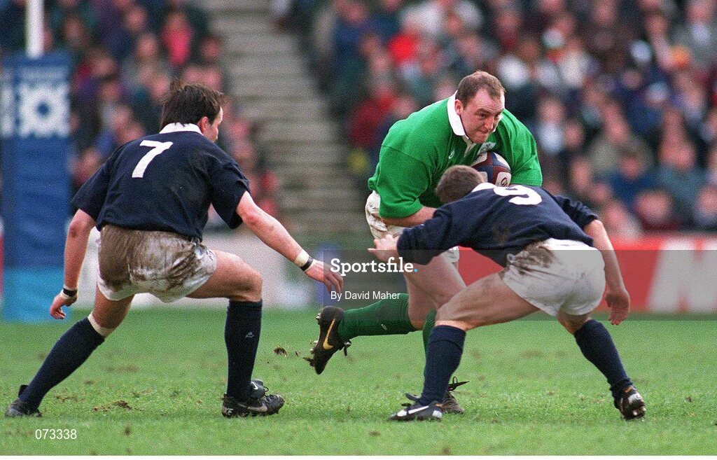 4 February 1995; Keith Wood, Ireland, is tackled by Iain Morrison, left, and Brian Redpath, Scotland. Five Nations Rugby Championship, Scotland v Ireland, Murrayfield, Edinburgh, Scotland. Picture credit: David Maher / SPORTSFILE