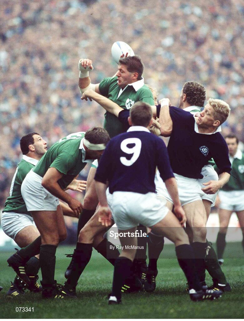 12 October 1991; Ireland's Neil Francis, supported by team-mates Des Fitzgerald, left, Nick Popplwell, extreme left, and Philip Mattews, hidden, in action against Gary Armstrong, 9, and John Jeffrey, Scotland. Rugby World Cup 1991, Scotland v Ireland, Murrayfield, Scotland. Rugby. Picture credit: Ray McManus / SPORTSFILE