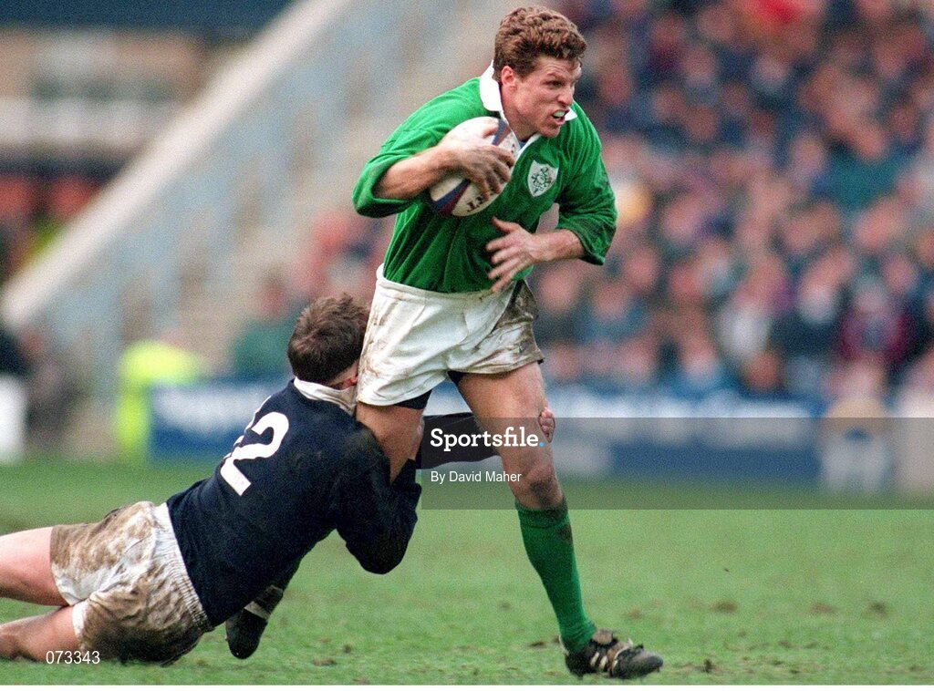 4 February 1995; Brendan Mullin, Ireland, in action against Scotland's Ian Jardine. Five Nations Rugby Championship, Scotland v Ireland, Murrayfield, Edinburgh, Scotland. Picture credit: David Maher / SPORTSFILE