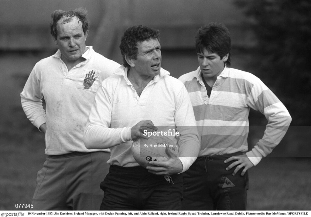 10 November 1987; Jim Davidson, Ireland Manager, with Declan Fanning, left, and Alain Rolland, right. Ireland Rugby Squad Training, Lansdowne Road, Dublin. Picture credit: Ray McManus / SPORTSFILE