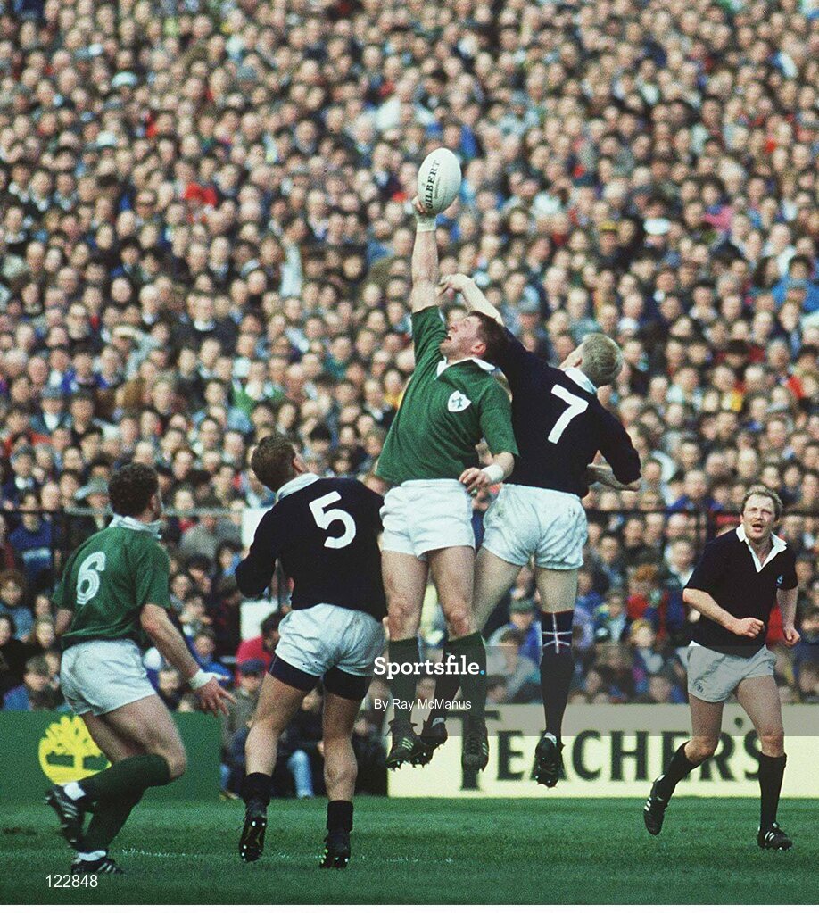 16 March 1991; Neil Francis, Ireland, in action against John Jeffries, Scotland. Five Nations Rugby Championship 1991, Scotland v Ireland, Murrayfield, Edinbrugh, Scotland. Picture credit: Ray McManus / SPORTSFILE
