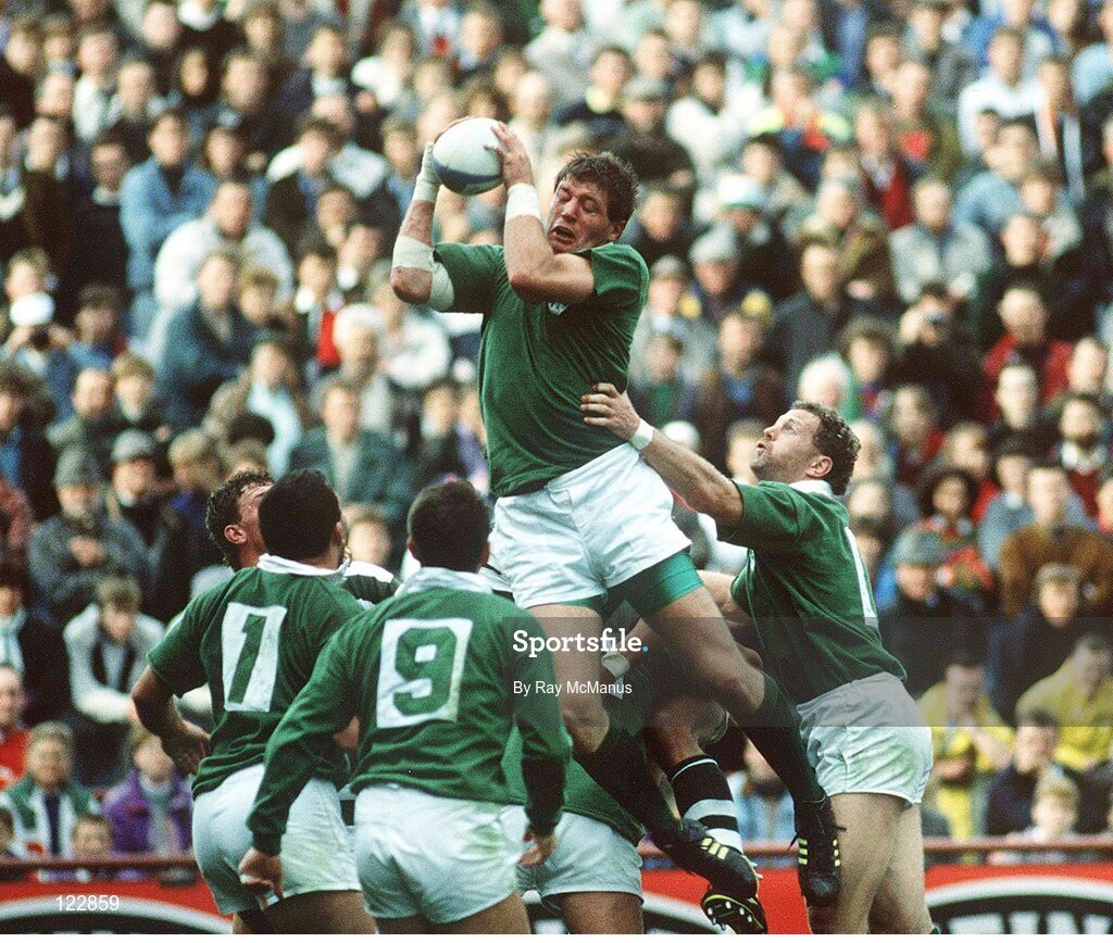 6 October 1991; Neil Francis, Ireland, wins a lineout against Zimbabwe. Rugby World Cup 1991, Ireland v Zimbabwe, Lansdowne Road, Dublin. Picture credit: Ray McManus / SPORTSFILE