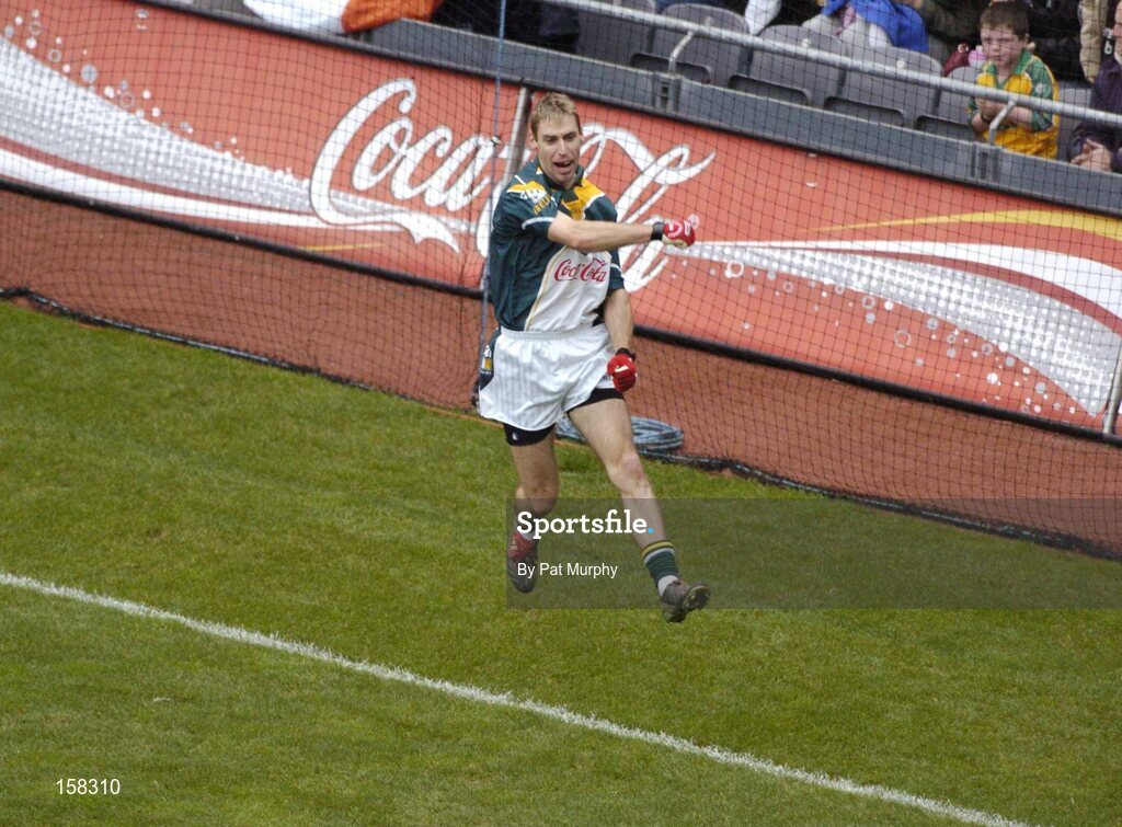 17 October 2004; Matty Forde, Ireland, celebrates after scoring his sides second goal. Coca Cola International Rules Series 2004, First Test, Ireland v Australia, Croke Park, Dublin. Picture credit; Pat Murphy / SPORTSFILE *** Local Caption *** Any photograph taken by SPORTSFILE during, or in connection with, the 2004 Coca Cola International Rules Series which displays GAA logos or contains an image or part of an image of any GAA intellectual property, or, which contains images of a GAA player/players in their playing uniforms, may only be used for editorial and non-advertising purposes.  Use of photographs for advertising, as posters or for purchase separately is strictly prohibited unless prior written approval has been obtained from the Gaelic Athletic Association.
