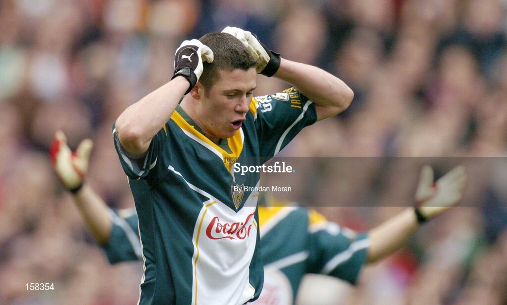 17 October 2004; Sean Cavanagh, Ireland, reacts to a missed goal chance against Australia. Coca Cola International Rules Series 2004, First Test, Ireland v Australia, Croke Park, Dublin. Picture credit; Brendan Moran / SPORTSFILE *** Local Caption *** Any photograph taken by SPORTSFILE during, or in connection with, the 2004 Coca Cola International Rules Series which displays GAA logos or contains an image or part of an image of any GAA intellectual property, or, which contains images of a GAA player/players in their playing uniforms, may only be used for editorial and non-advertising purposes.  Use of photographs for advertising, as posters or for purchase separately is strictly prohibited unless prior written approval has been obtained from the Gaelic Athletic Association.