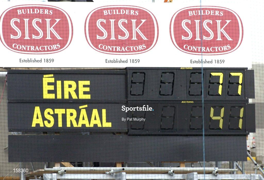 17 October 2004; A general view of the scoreboard showing the final score from the first test. Coca Cola International Rules Series 2004, First Test, Ireland v Australia, Croke Park, Dublin. Picture credit; Pat Murphy / SPORTSFILE *** Local Caption *** Any photograph taken by SPORTSFILE during, or in connection with, the 2004 Coca Cola International Rules Series which displays GAA logos or contains an image or part of an image of any GAA intellectual property, or, which contains images of a GAA player/players in their playing uniforms, may only be used for editorial and non-advertising purposes.  Use of photographs for advertising, as posters or for purchase separately is strictly prohibited unless prior written approval has been obtained from the Gaelic Athletic Association.