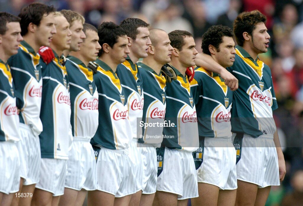 17 October 2004; Ireland's Setanta O hAilpin, right, stands with his brother Sean Og, second from right, during the national anthems before the game. Coca Cola International Rules Series 2004, First Test, Ireland v Australia, Croke Park, Dublin. Picture credit; Brendan Moran / SPORTSFILE