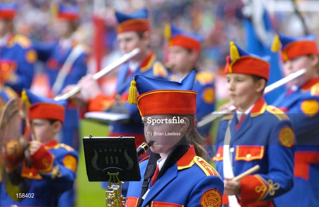 17 October 2004; Saxophone player Rebecca Cradden, a member of the Artane Band, plays before the match. This is the first time that girls have played with the band in Croke Park. Coca Cola International Rules Series 2004, First Test, Ireland v Australia, Croke Park, Dublin. Picture credit; Brian Lawless / SPORTSFILE